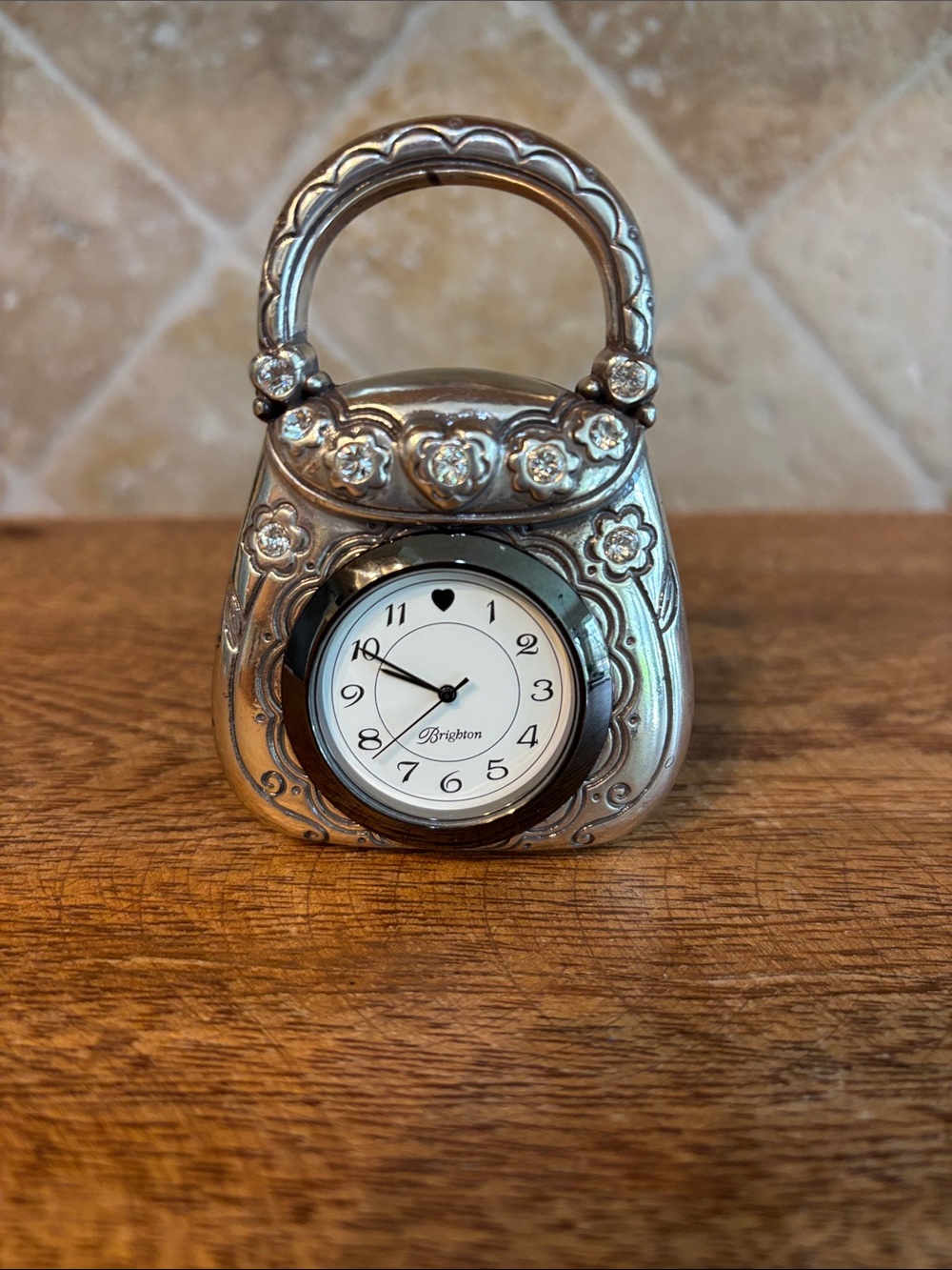 Vintage Brighton Silver Floral Handbag Table Clock with Crystal Accents